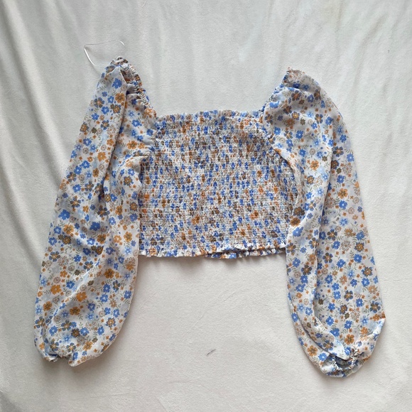 floral ruched smocked blouse puff sleeve long sleeve top - Picture 1 of 6